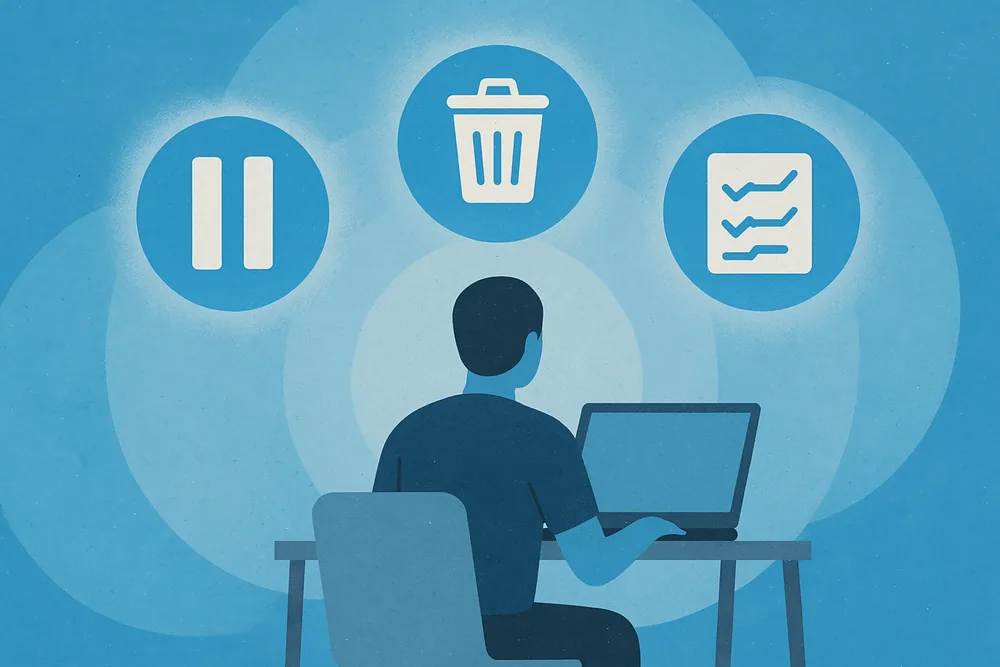 Person at desk with floating pause, trash bin, and checklist icons, symbolizing steps to fix a Twitter shadowban.