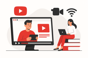 Cartoon illustration of people creating a YouTube channel