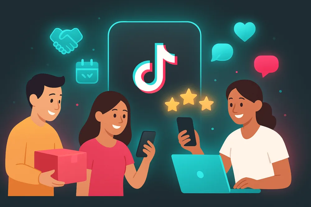 Modern cartoon illustration of TikTok Shop success with product delivery, reviews, and seller communication.