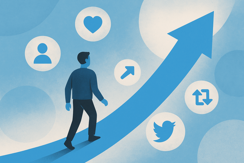 Person standing on a rising arrow surrounded by follower, like, and retweet icons, symbolizing Twitter growth after a shadowban.