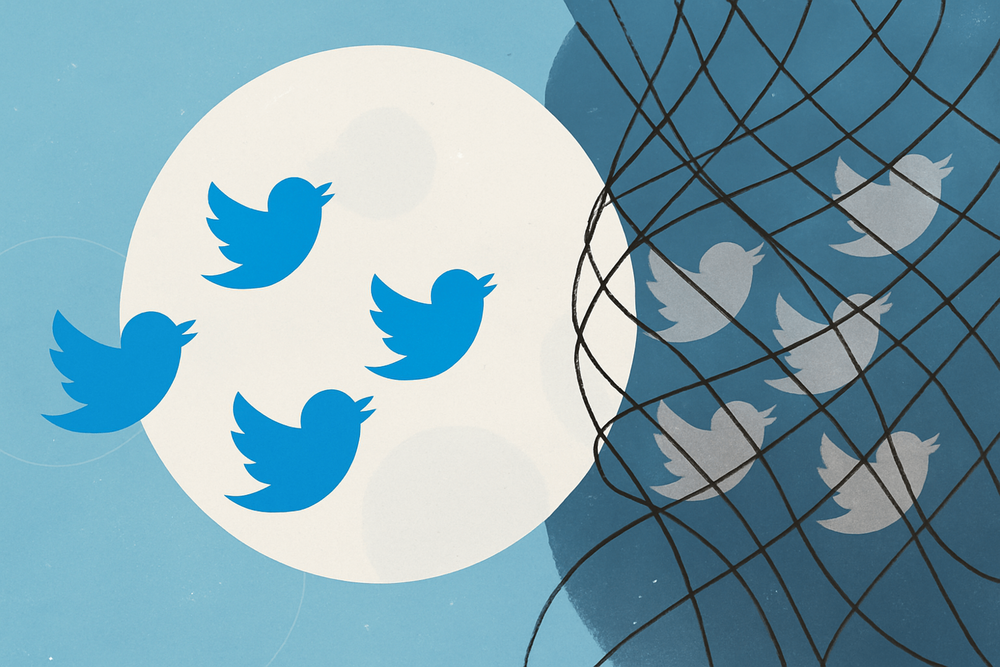 Twitter bird icons split between free flight and a shadowy net, symbolizing behaviours that cause shadowbans.