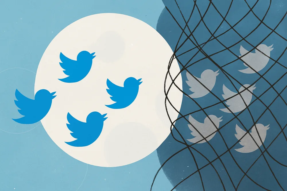 Twitter bird icons split between free flight and a shadowy net, symbolizing behaviours that cause shadowbans.