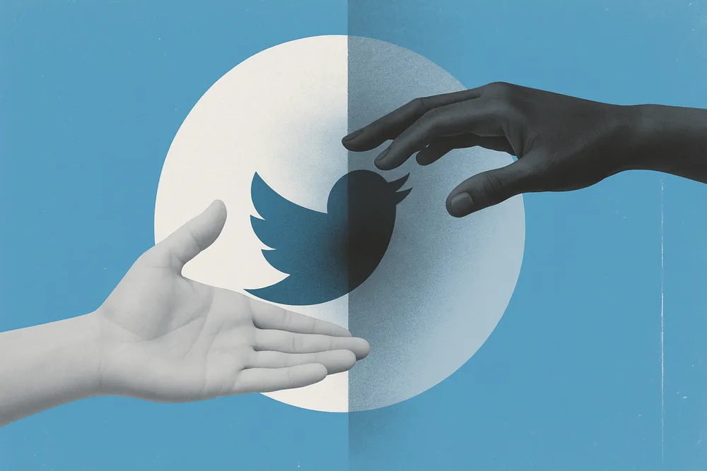 Hands reaching with a shadowed Twitter logo in between