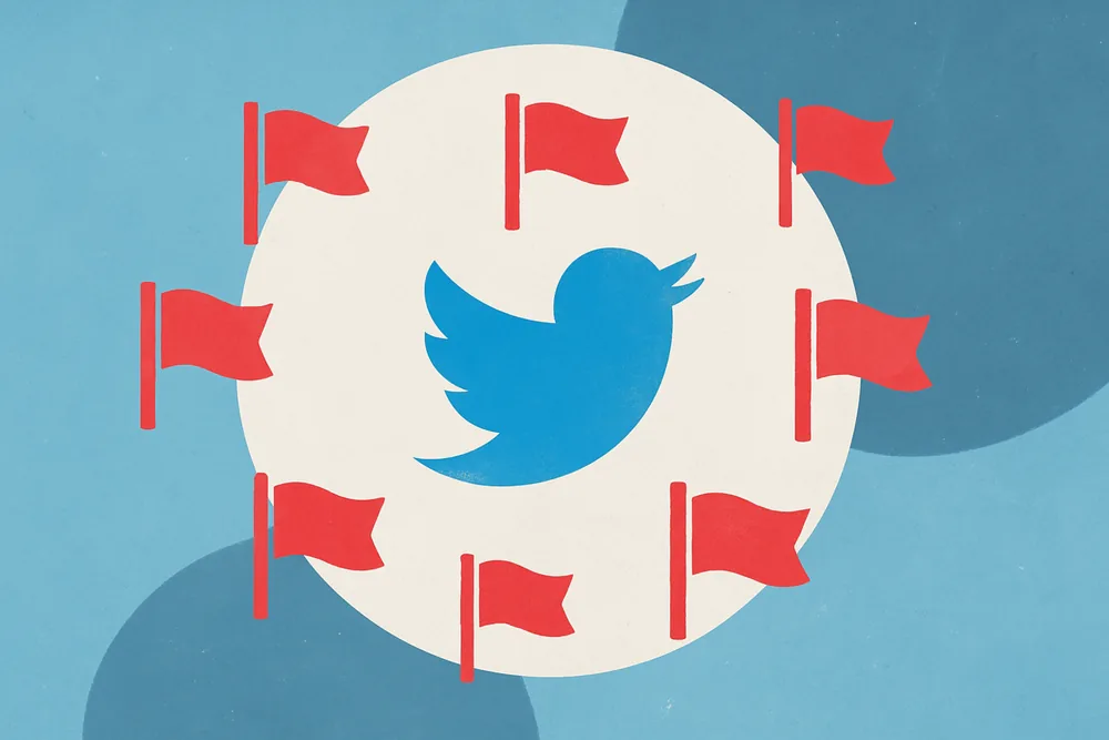 Blue Twitter bird surrounded by red flags, symbolizing being reported by other users.