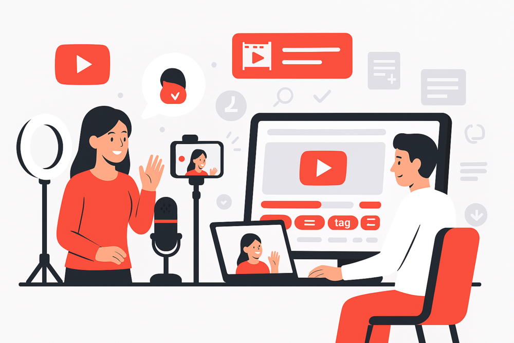 Cartoon illustration of creators filming and uploading their first YouTube video