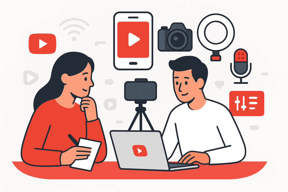 Cartoon illustration of two creators preparing equipment for a YouTube channel