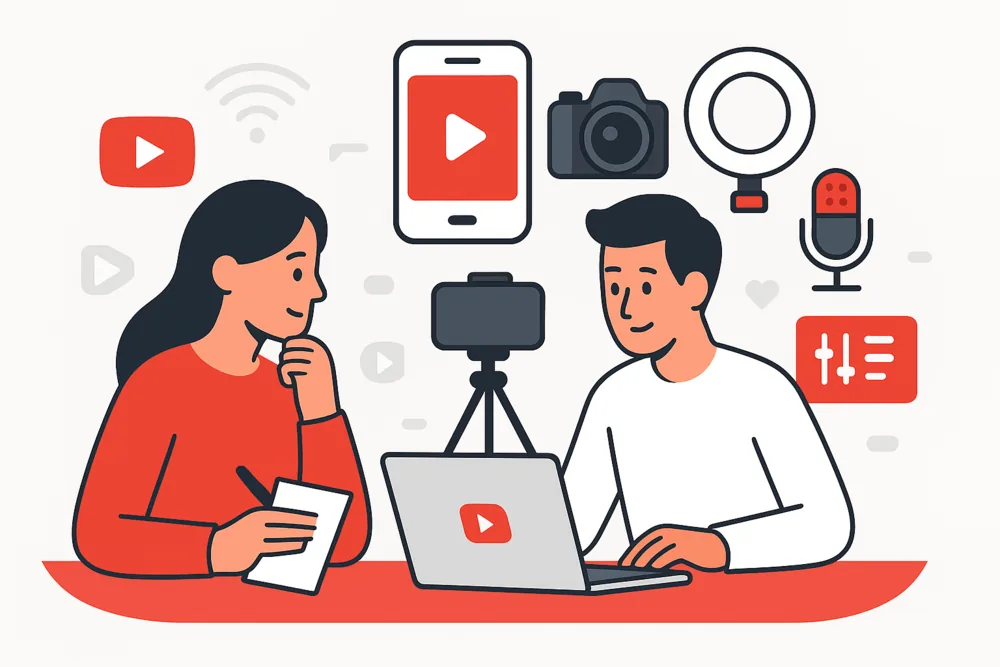 Cartoon illustration of two creators preparing equipment for a YouTube channel
