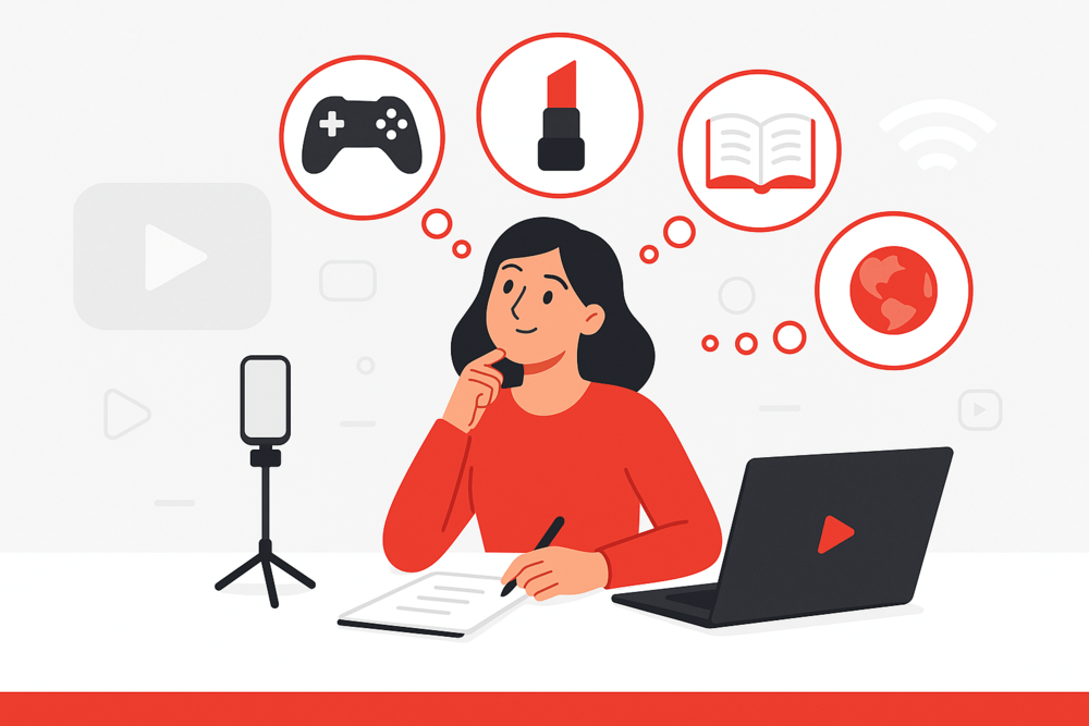Cartoon illustration of a creator planning YouTube content with niche icons