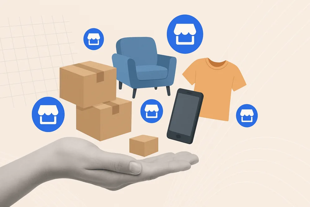 Hand holding boxes, chair, shirt, and phone with Facebook Marketplace icons.