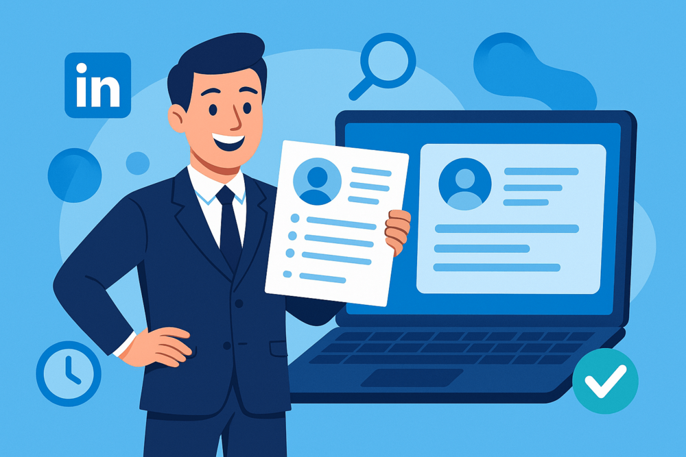 Cartoon illustration of a professional holding a resume next to a large laptop showing a LinkedIn profile, with icons of a magnifying glass, clock, and checkmark floating around.