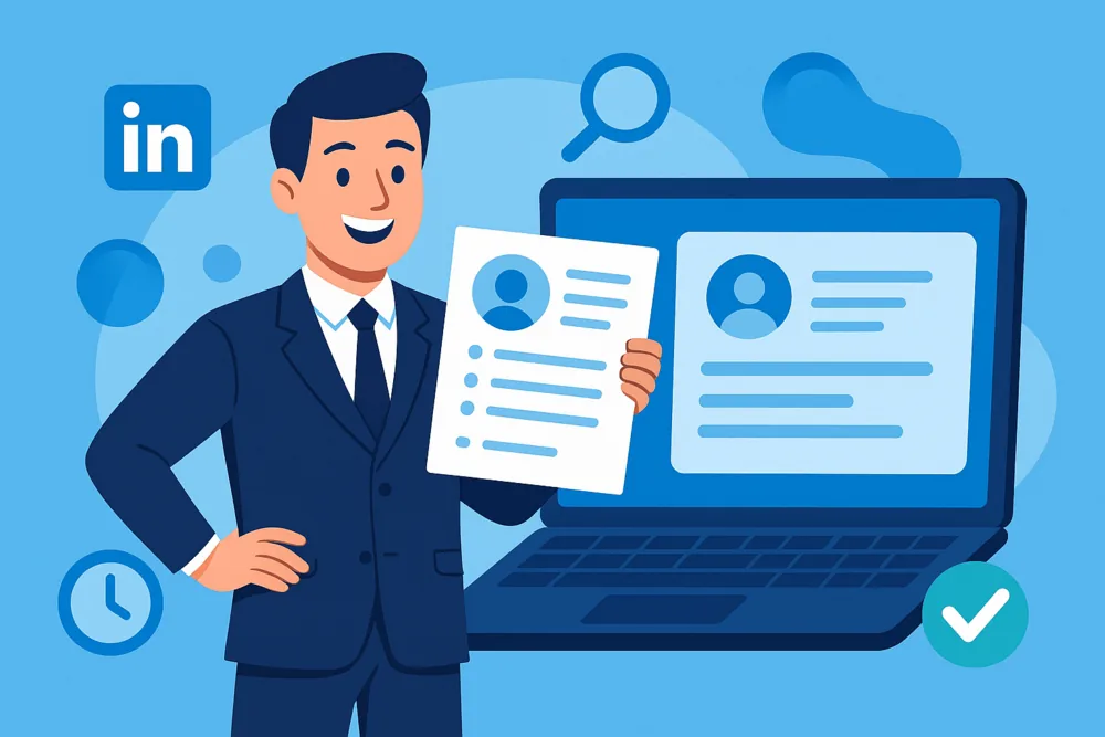 Cartoon illustration of a professional holding a resume next to a large laptop showing a LinkedIn profile, with icons of a magnifying glass, clock, and checkmark floating around.
