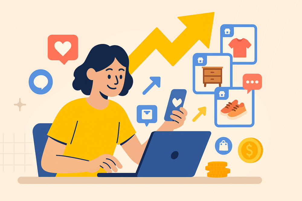 Person using laptop and phone surrounded by arrows, product icons, and growth symbols.