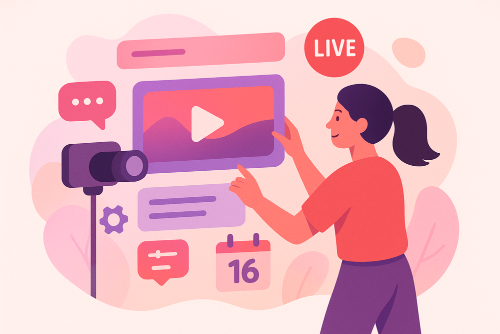 Person adjusting live stream layout with floating interface icons