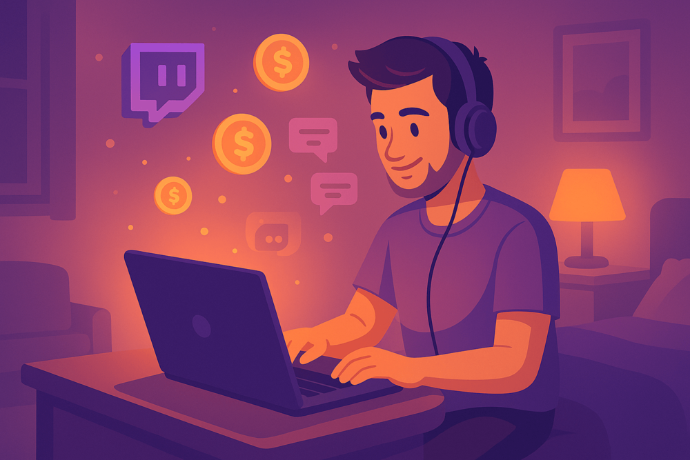 Small Twitch streamer using a laptop in a cozy room with subtle income and chat icons floating around.
