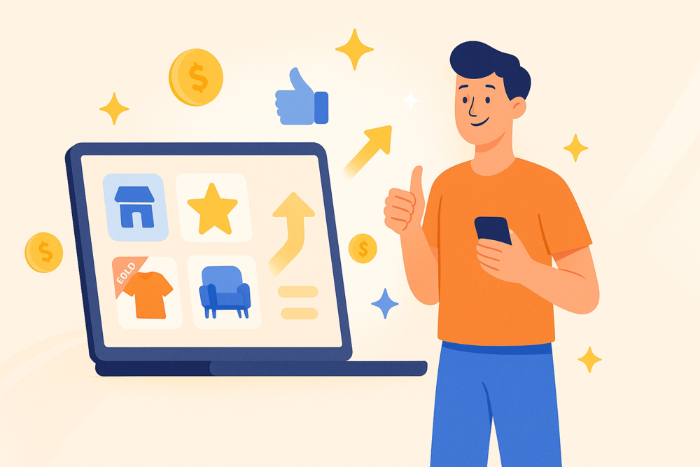 Person giving a thumbs up beside a laptop showing Facebook Marketplace icons, stars, and coins.