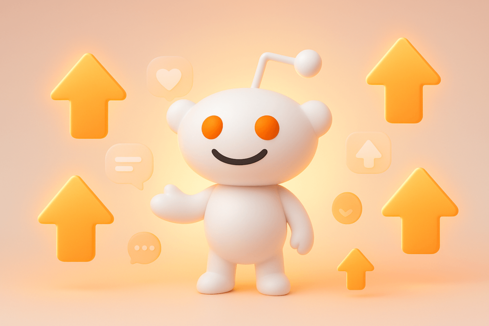 3D render of the Reddit mascot smiling among glowing upvote arrows, hearts, and chat icons, symbolizing positive engagement and steady Reddit community growth.
