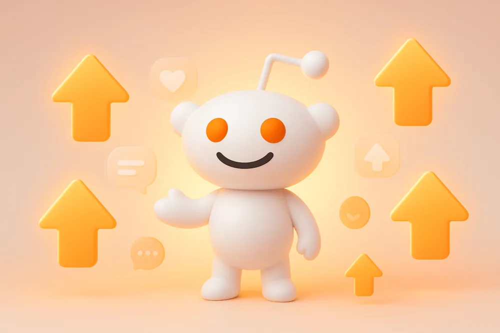 3D render of the Reddit mascot smiling among glowing upvote arrows, hearts, and chat icons, symbolizing positive engagement and steady Reddit community growth.