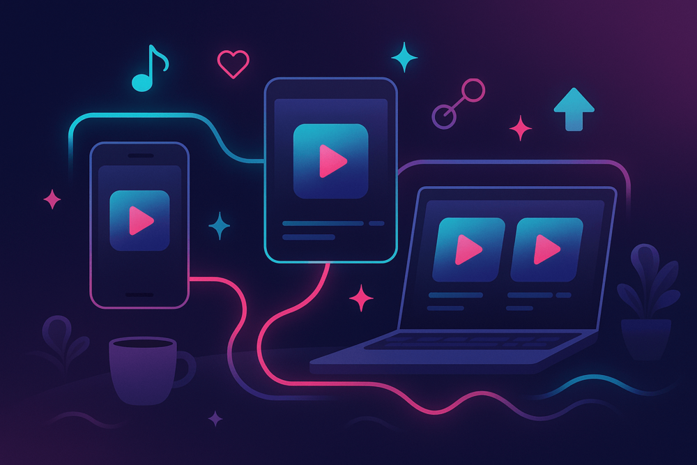 Flat TikTok-style illustration showing connected devices with glowing play icons and neon lines, symbolizing accessible TikTok content and creator growth.