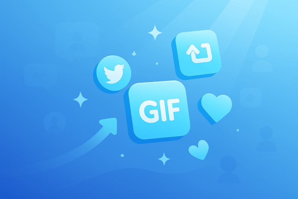 Floating GIF, heart and retweet icons rising upward, representing Twitter growth and engagement.