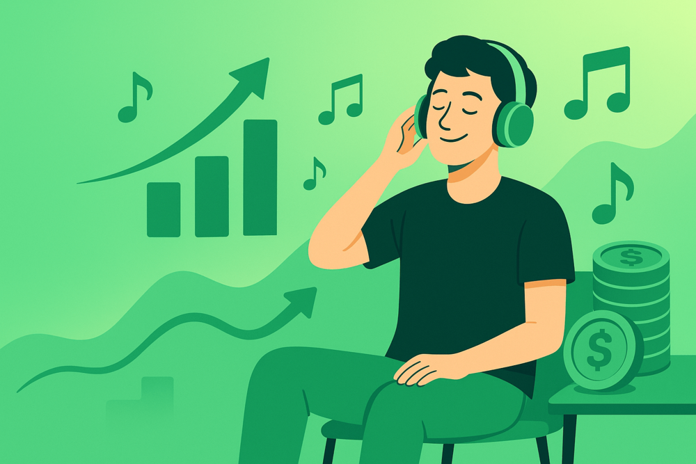 A musician with headphones surrounded by charts, coins, and music icons representing how many Spotify streams are needed to earn a living