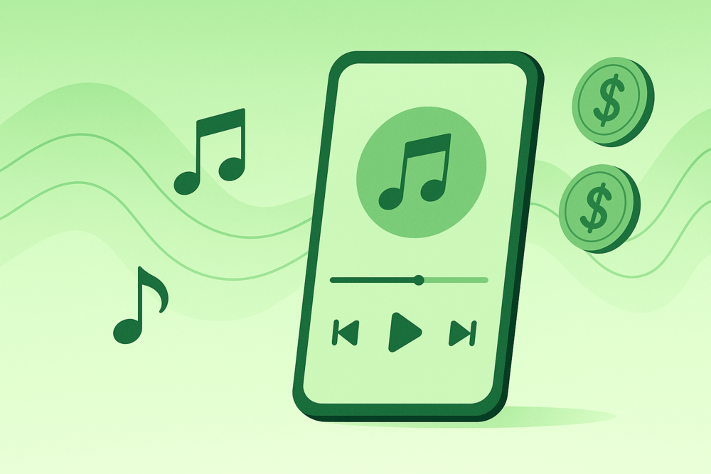 Minimalist Spotify payments illustration showing a smartphone music player with floating coins and music notes representing how artists earn per stream.