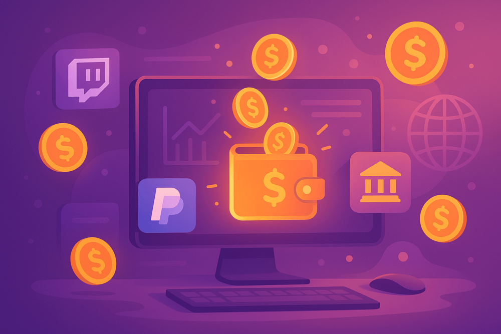 Digital wallet with coins, PayPal and bank icons symbolizing Twitch streamer payments.