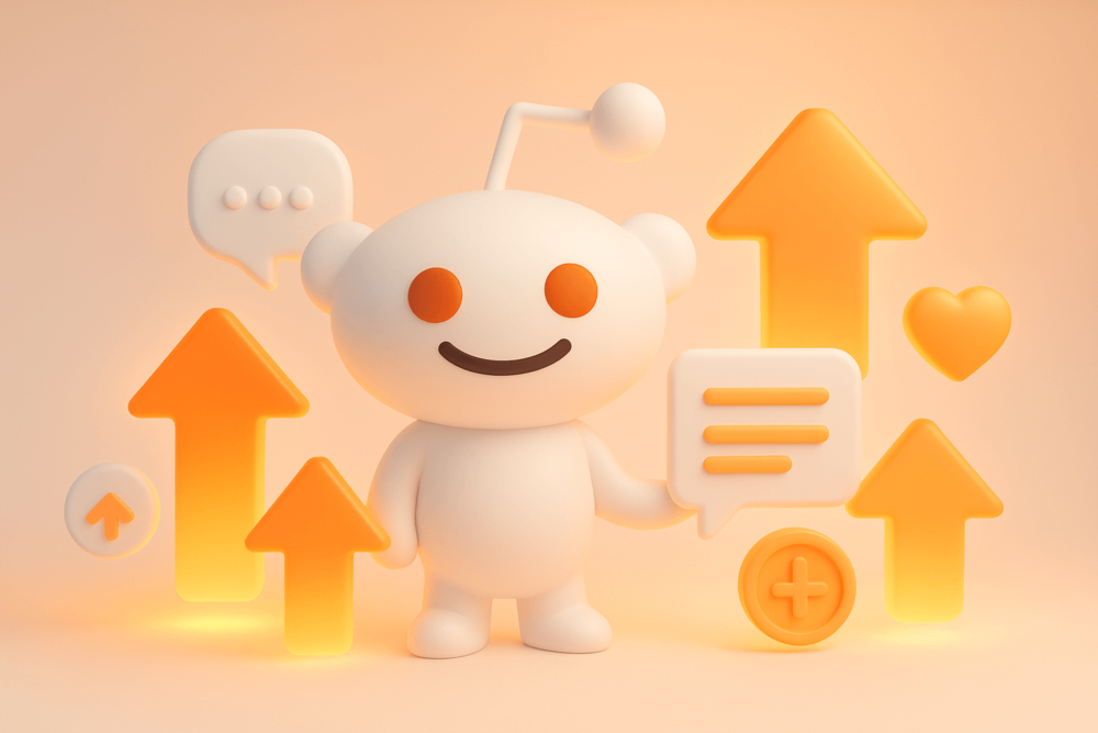 3D render of the Reddit mascot surrounded by glowing upvote arrows, hearts, and chat icons, symbolizing growth, engagement, and karma on Reddit.