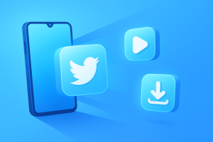 Smartphone with floating Twitter icons and a looping animation symbol, representing saving GIFs from Twitter.