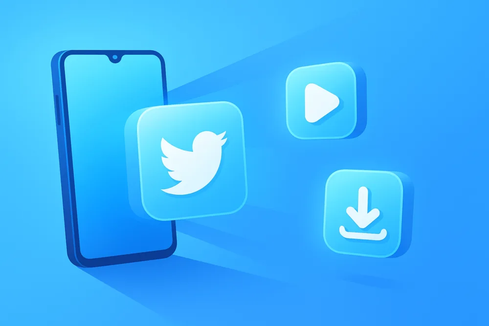 Smartphone with floating Twitter icons and a looping animation symbol, representing saving GIFs from Twitter.