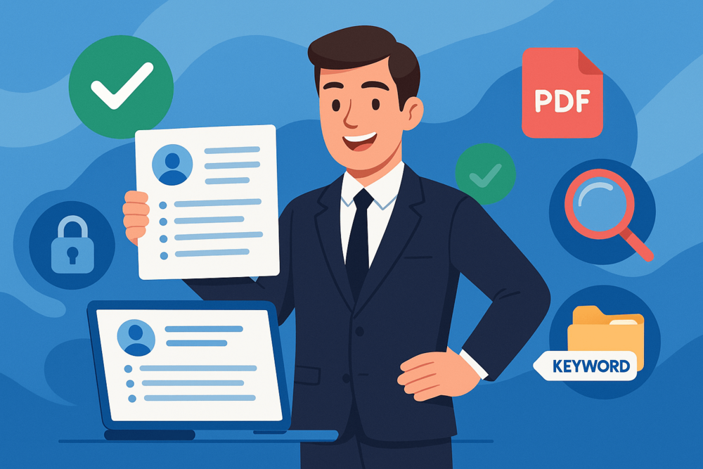 Cartoon illustration of a professional holding a resume with surrounding icons including a PDF file, lock, checkmark, folder, and magnifying glass for keywords.
