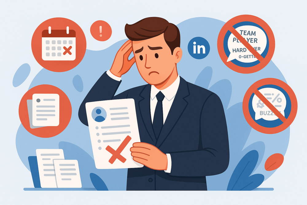 Cartoon illustration of a worried professional holding a resume marked with a red X, surrounded by icons showing outdated resumes, personal details, generic formats, and buzzwords.