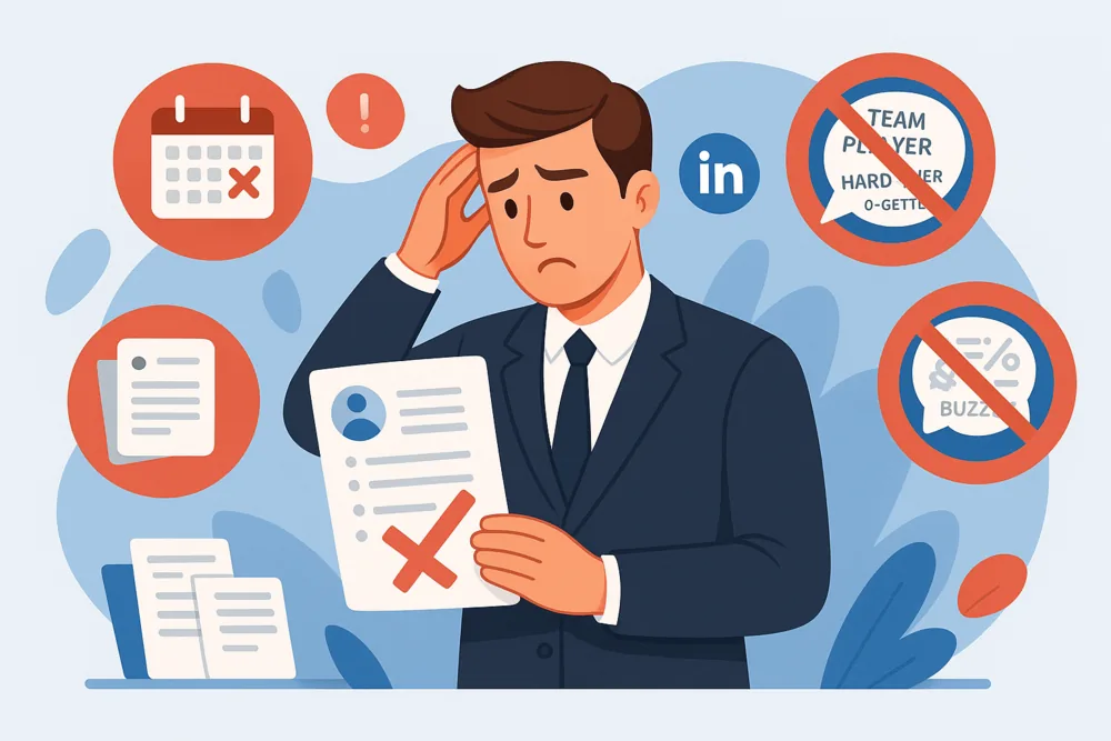Cartoon illustration of a worried professional holding a resume marked with a red X, surrounded by icons showing outdated resumes, personal details, generic formats, and buzzwords.