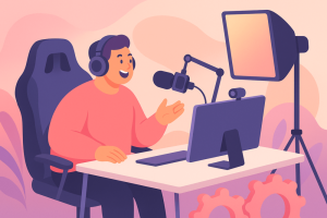 Streamer at desk with microphone and camera setup