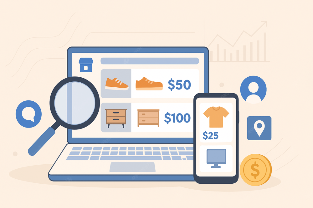 Laptop and phone showing Marketplace listings with a magnifying glass and coin icons.