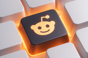 3D render of a glowing keyboard key with a bright Reddit logo in the center, surrounded by sleek white keys and warm orange backlight, symbolizing easy posting and community sharing on Reddit.