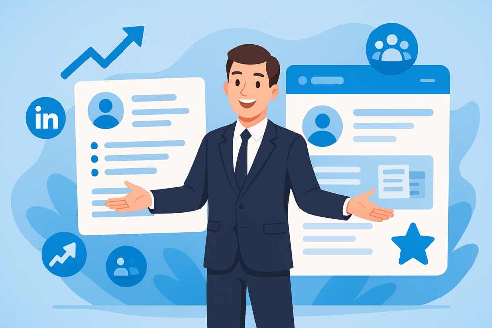 Cartoon illustration of a confident professional standing between a polished resume and a LinkedIn profile, with floating icons of growth arrows, connections, and a star.