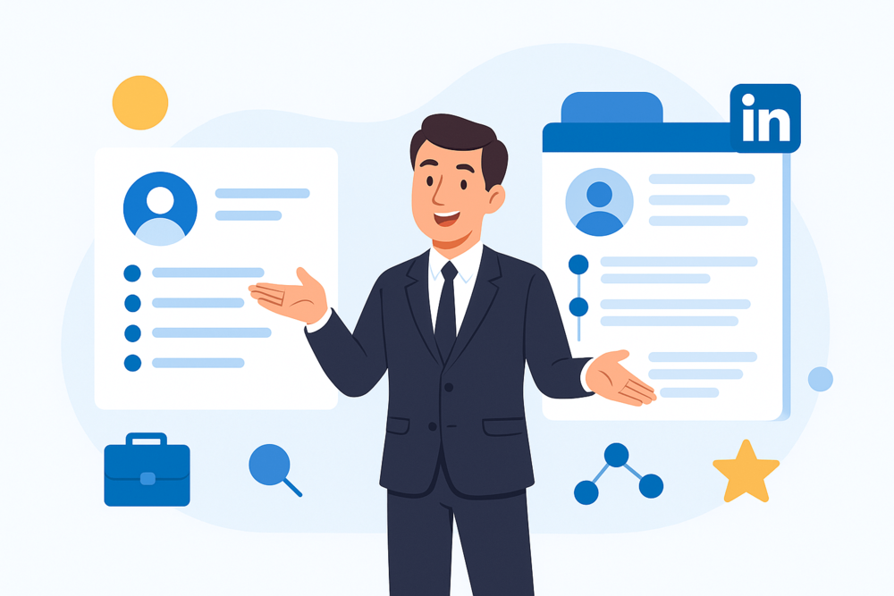 Cartoon illustration of a professional comparing two large documents, one styled as a resume and the other as a LinkedIn profile, with icons of a briefcase, magnifying glass, connections, and a star.