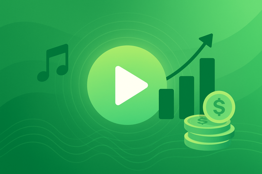 Music icons, coins, and glowing waves symbolizing Spotify growth and streaming success.