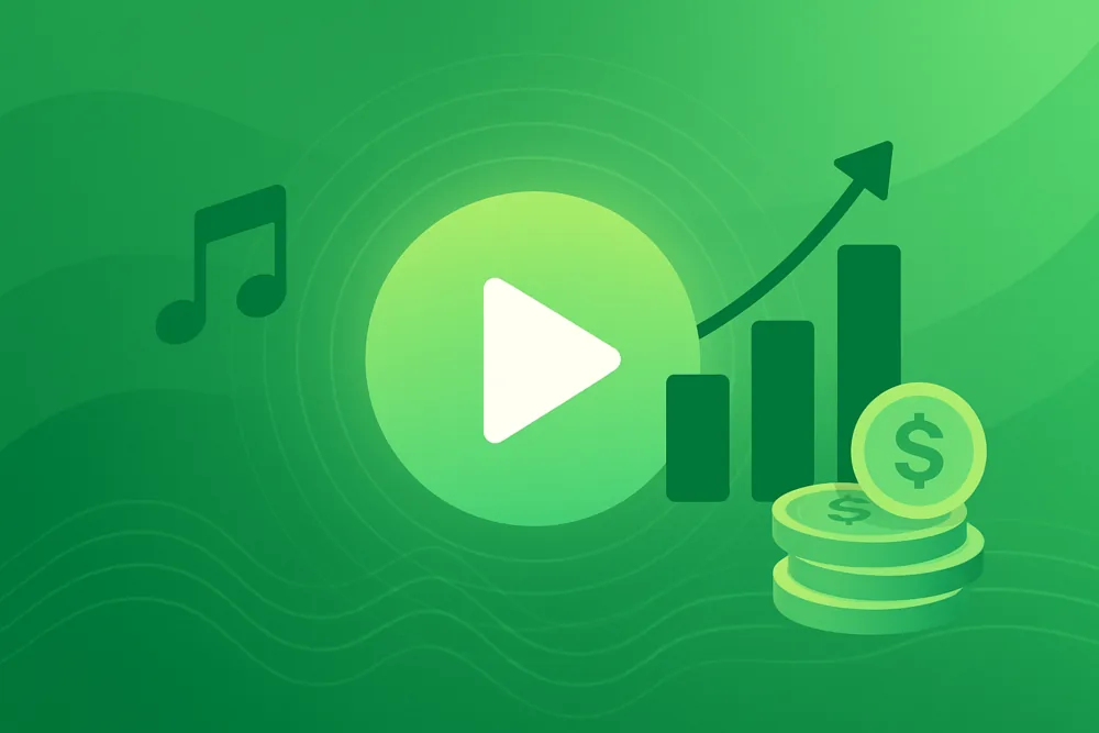 Music icons, coins, and glowing waves symbolizing Spotify growth and streaming success.