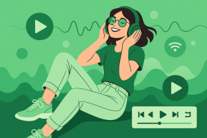 Illustration of a young woman relaxing and listening to music on headphones, surrounded by abstract green sound waves and playback icons in a Spotify-inspired style.