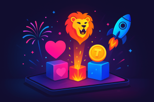 A smartphone with colorful icons floating above it, including a lion, heart, rocket, coin, and fireworks, representing TikTok Live gifts.