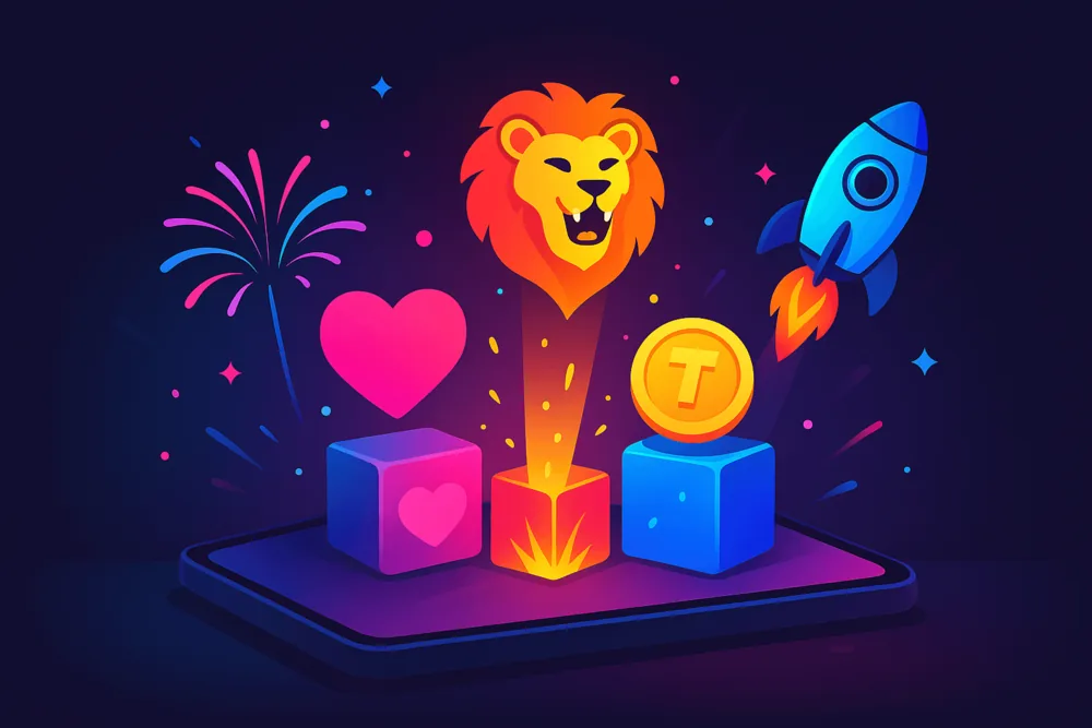 A smartphone with colorful icons floating above it, including a lion, heart, rocket, coin, and fireworks, representing TikTok Live gifts.