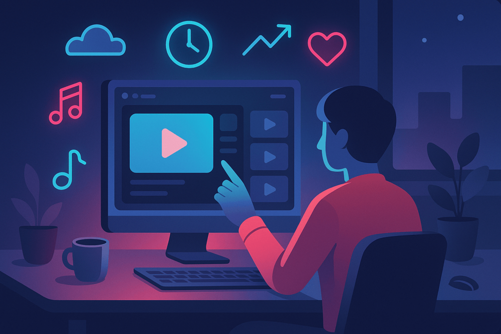 Flat illustration in TikTok colors showing a person at a desk watching videos on a desktop screen, surrounded by glowing icons and a city skyline at night.