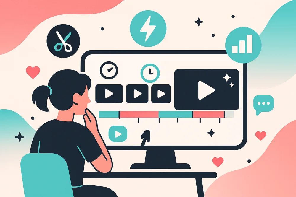 Flat illustration of a creator editing video clips on a screen, with scissors, charts, and lightning icons symbolizing editing and analytics.
