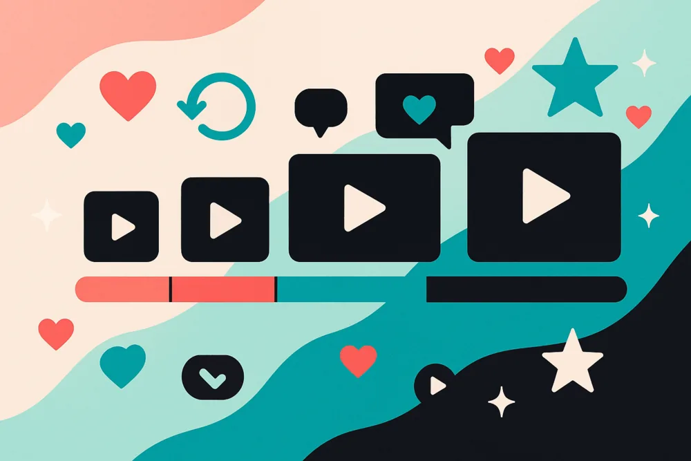 Flat illustration of video cards arranged on a segmented bar, surrounded by hearts, stars, and replay icons to show engagement at different lengths.