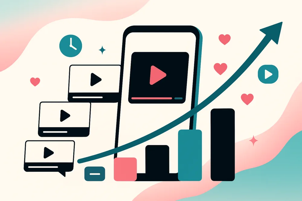 Flat illustration of a smartphone with video cards and an upward arrow, surrounded by hearts and play icons to symbolize TikTok growth.