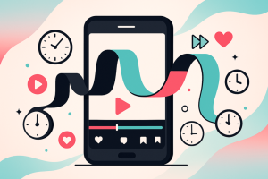 Flat illustration of a smartphone with a flowing video timeline, surrounded by clocks, hearts, and play icons in TikTok colors.