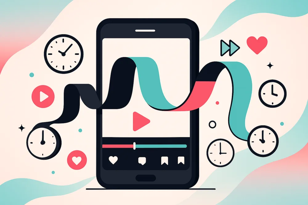 Flat illustration of a smartphone with a flowing video timeline, surrounded by clocks, hearts, and play icons in TikTok colors.