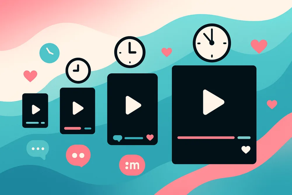 Flat illustration of four video cards in different sizes, each with a clock above, symbolizing TikTok’s video length options.