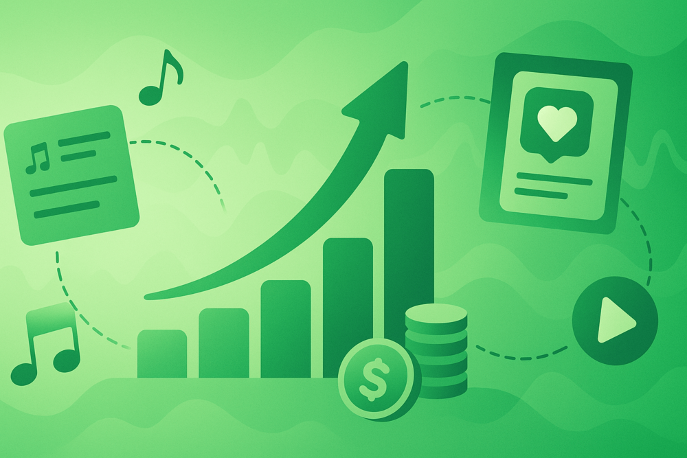 Playlists, charts, and streaming icons representing tips to increase Spotify streams and audience growth.